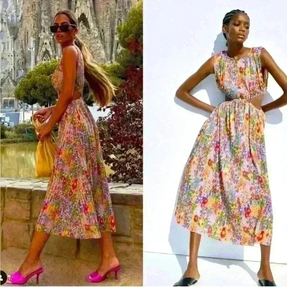 Zara Dresses & Skirts - Zara Pleated Cut Out Dress. Beautiful Floral Dress With Retro Vibe. Size small S